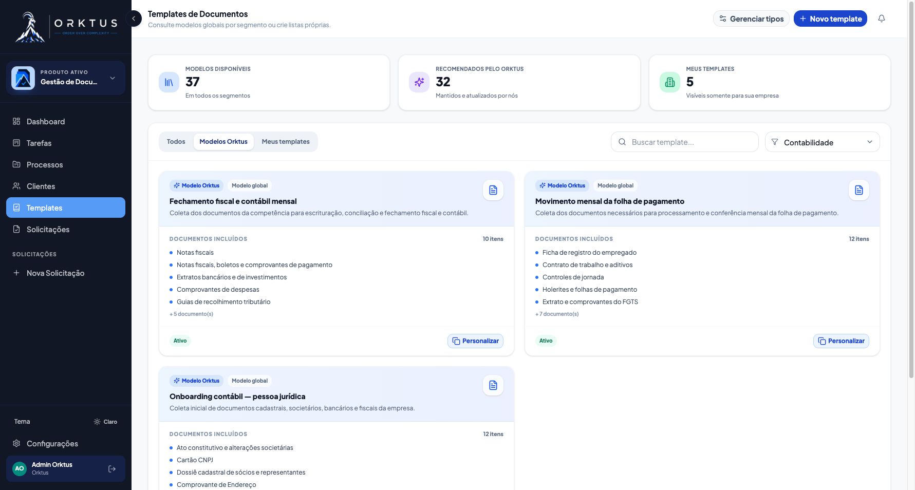 Documentos — Modelos por segmento. Catálogo de modelos Orktus para Contabilidade.